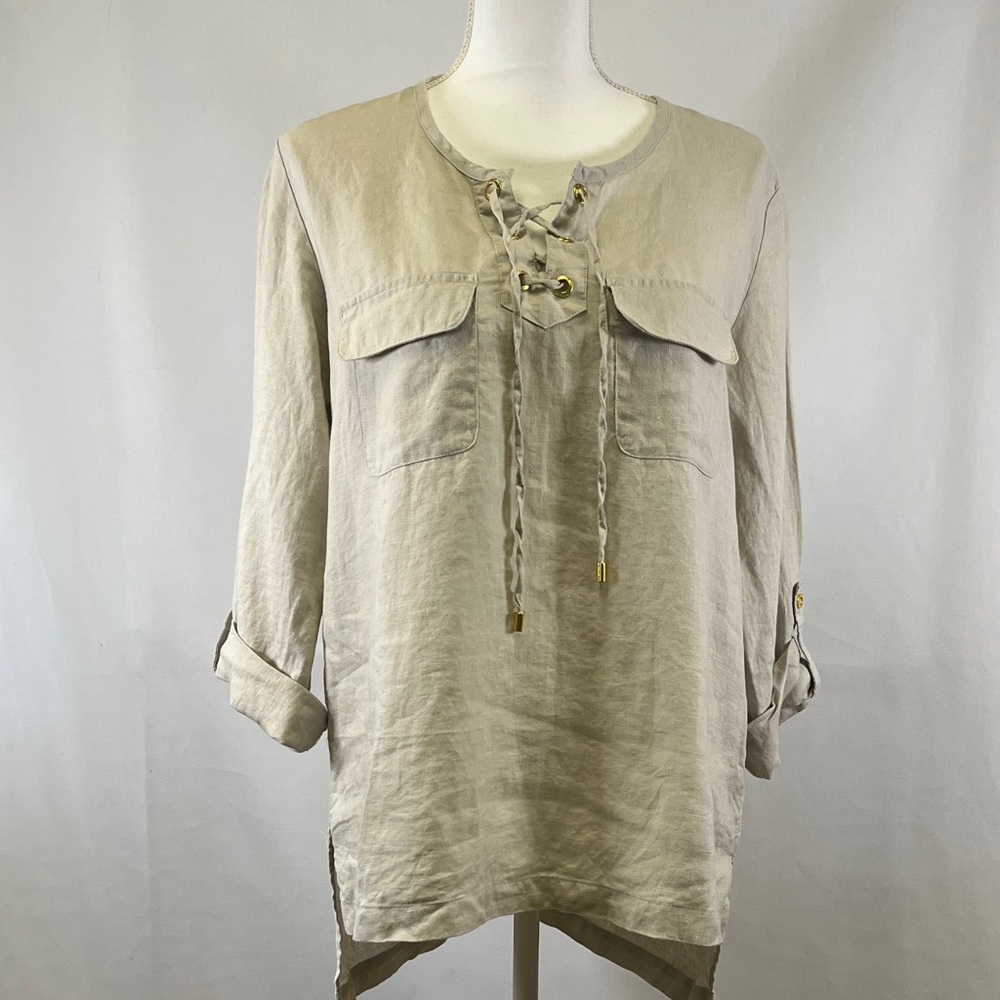 Company Ellen Tracy Sandstone Beige 100% Linen Lace-Up Utility Tunic Size M